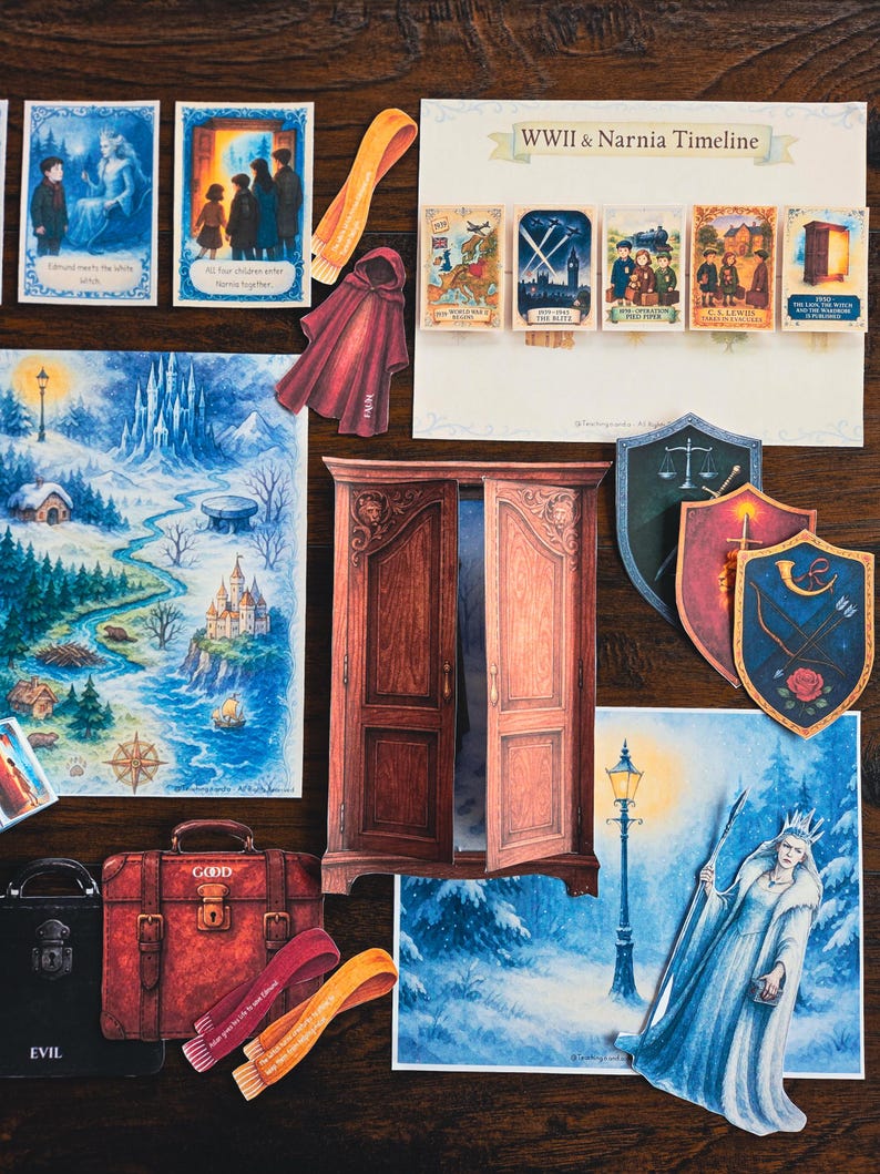 May include: An assortment of Narnia-themed artwork and accessories, including illustrations of characters, a wardrobe, a map, and a timeline. The color palette includes blues, reds, and browns, with a focus on fantasy and adventure.