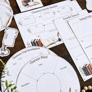 May include: A collection of printed paper worksheets for literary analysis, including a Character Growth Timeline, Character Wheel, Character Trait Investigation, Setting Profile, and Vocabulary Field Guide, all featuring illustrations of books and quills.