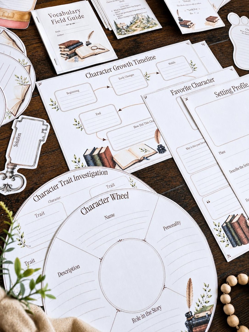 May include: A collection of printed paper worksheets for literary analysis, including a Character Growth Timeline, Character Wheel, Character Trait Investigation, Setting Profile, and Vocabulary Field Guide, all featuring illustrations of books and quills.