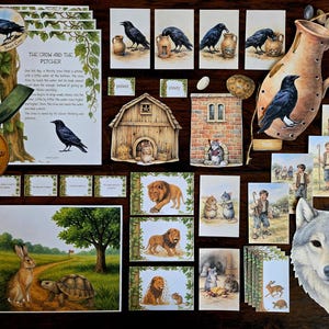 May include: A collection of illustrated cards and cutouts featuring scenes and characters from the fable "The Crow and the Pitcher." Includes a raven, lion, wolf, rabbit, and tortoise. The illustrations are in a vintage style.