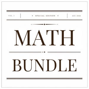 Puede incluir: Un diseño gráfico cuadrado con texto marrón oscuro sobre un fondo blanco. El texto dice "VOL. I", "SPECIAL EDITION", "EST. 2026", "MATH" y "BUNDLE". El diseño incluye líneas horizontales y símbolos decorativos encima y debajo de las palabras.