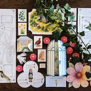 Puede incluir: Una colección de tarjetas ilustradas y recortes de papel, que incluyen un mapa, un dibujo de un niño en silla de ruedas y una representación de un niño sosteniendo un pájaro. Los elementos están dispuestos con elementos florales y botánicos.