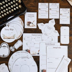 May include: A collection of educational reading and writing worksheets featuring a vintage typewriter. The set includes a Story Map, Vocabulary Field Guide, Character Growth, Setting Profile, and Reading Log, all decorated with illustrations of books.