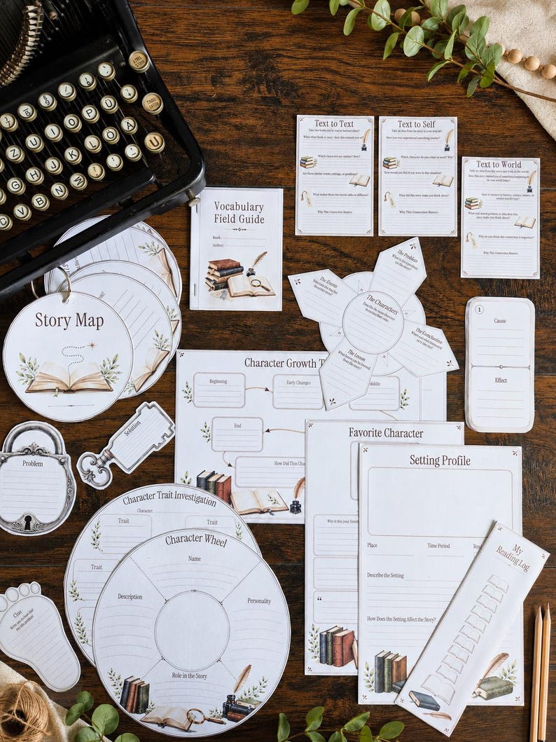 May include: A collection of educational reading and writing worksheets featuring a vintage typewriter. The set includes a Story Map, Vocabulary Field Guide, Character Growth, Setting Profile, and Reading Log, all decorated with illustrations of books.