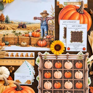 May include: An educational set featuring a large illustration of a scarecrow in a pumpkin patch, a wooden ruler, and several cards explaining concepts like perimeter, area, and measurement. The set includes small pumpkin cutouts and sunflowers.