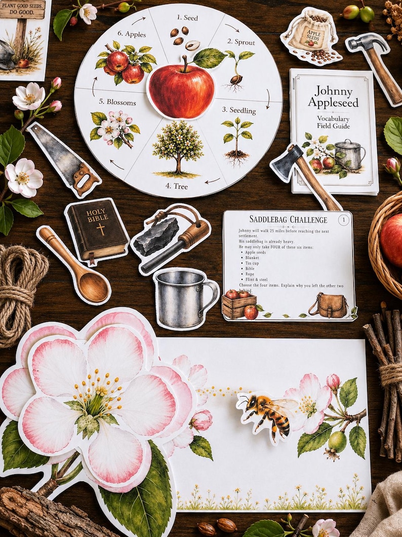 May include: A collection of educational paper cutouts featuring a circular apple life cycle chart, a Johnny Appleseed vocabulary field guide, a saddlebag challenge card, a bee, apple blossoms, a hammer, a saw, an axe, a Bible, and a tin cup.