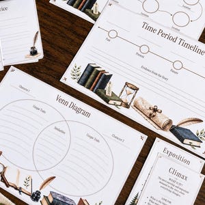 May include: A collection of printed educational worksheets featuring literary themes. The pages include a Venn Diagram, a Time Period Timeline, and an Exposition and Climax guide. Each sheet is decorated with illustrations of books, quills, inkwells, and scrolls.