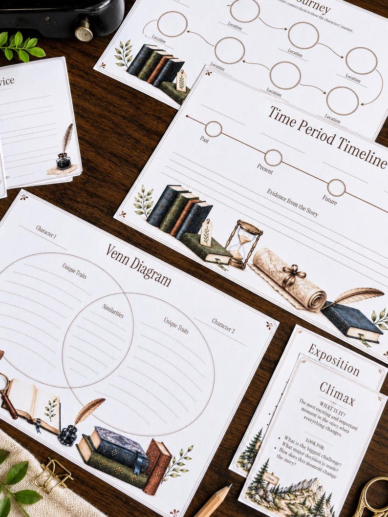 May include: A collection of printed educational worksheets featuring literary themes. The pages include a Venn Diagram, a Time Period Timeline, and an Exposition and Climax guide. Each sheet is decorated with illustrations of books, quills, inkwells, and scrolls.