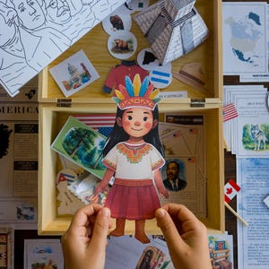Puede incluir: Una caja de madera llena de recortes e ilustraciones de papel. La caja contiene una muñeca de papel, imágenes de figuras históricas, banderas y monumentos. La muñeca es sostenida por una persona. La caja está abierta, revelando el contenido.