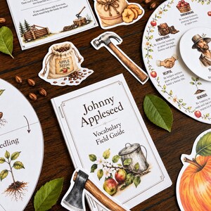 May include: A collection of educational materials about Johnny Appleseed, including a vocabulary field guide, a frontier survival activity card, circular character trait charts, and die-cut stickers of an axe, hammer, apple seeds, and dried fruit.