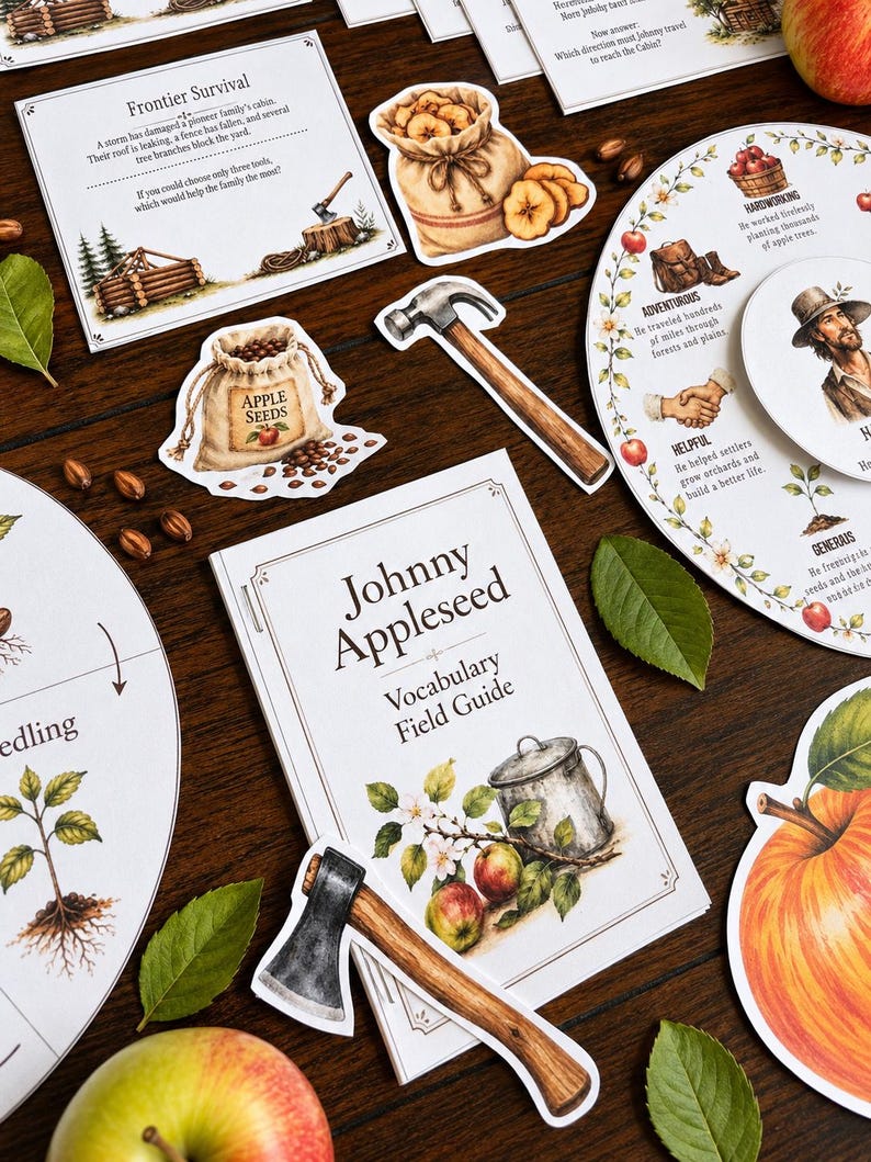 May include: A collection of educational materials about Johnny Appleseed, including a vocabulary field guide, a frontier survival activity card, circular character trait charts, and die-cut stickers of an axe, hammer, apple seeds, and dried fruit.