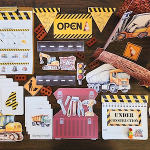 Construcción, juego dramático, camión volquete, excavadora, recursos para educación en el hogar, unidad de actividades, actividades prácticas, construcción, imprimibles