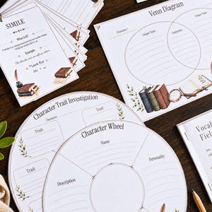 May include: A collection of educational worksheets featuring literary themes, including a Venn Diagram, a Character Wheel, a Character Trait Investigation sheet, and Simile cards. Each white paper sheet displays black text and vintage-style illustrations of books, quills, and magnifying glasses.