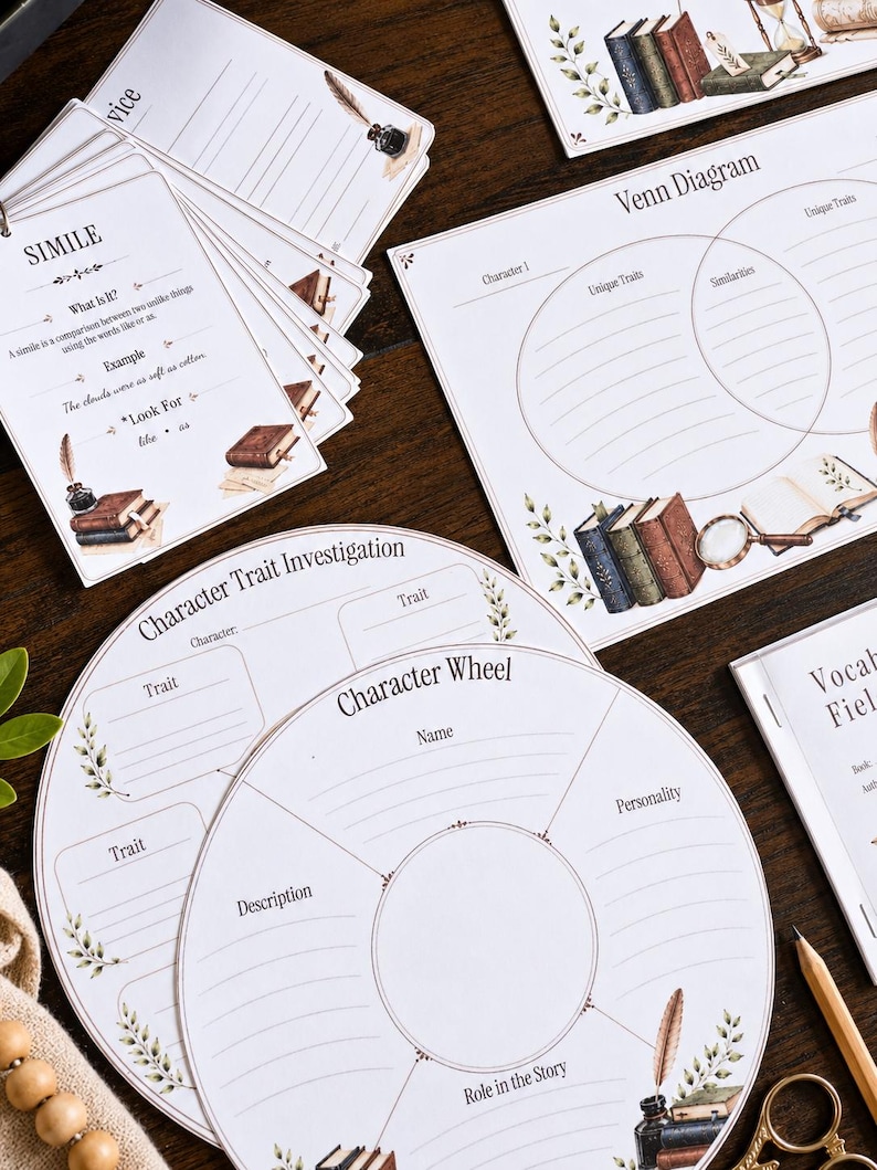 May include: A collection of educational worksheets featuring literary themes, including a Venn Diagram, a Character Wheel, a Character Trait Investigation sheet, and Simile cards. Each white paper sheet displays black text and vintage-style illustrations of books, quills, and magnifying glasses.