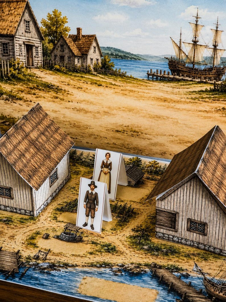May include: A paper craft diorama set featuring two standing figures of individuals in colonial attire placed between two three-dimensional paper houses, set against a printed backdrop of a coastal village with a large sailing ship on the water.