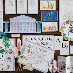 May include: Educational resources on Ancient Greece, featuring illustrations of Greek figures, a temple, maps, and the Greek alphabet. The items are arranged on a wooden surface, including a timeline and images of Greek mythology.