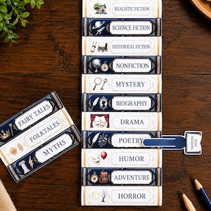 May include: A vertical stack of rectangular book spine labels featuring categories like Fiction, Science Fiction, and Mystery with corresponding icons. A separate horizontal strip lists Fairy Tales, Folktales, and Myths. A Reading Now marker is included.