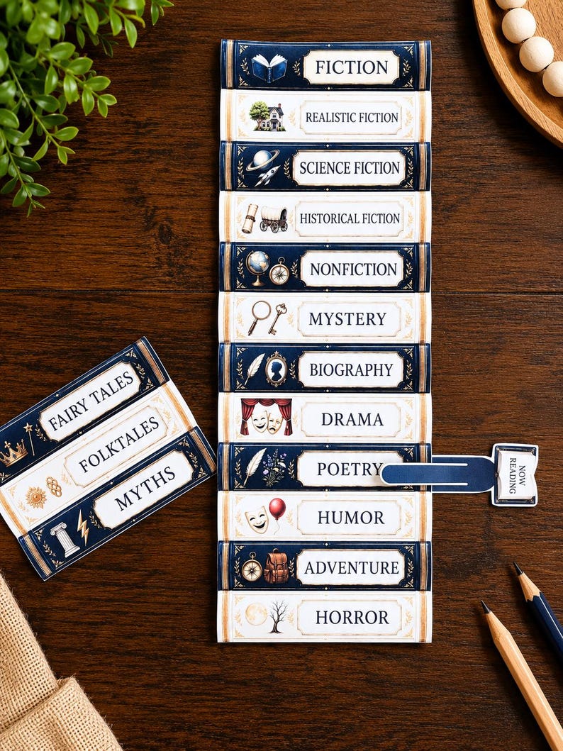May include: A vertical stack of rectangular book spine labels featuring categories like Fiction, Science Fiction, and Mystery with corresponding icons. A separate horizontal strip lists Fairy Tales, Folktales, and Myths. A Reading Now marker is included.
