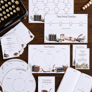 May include: A collection of educational literary worksheets and cards featuring vintage-style illustrations of books, inkwells, and quills. The set includes a Story Journey map, Time Period Timeline, Venn Diagram, character wheels, and a Vocabulary Field Guide.