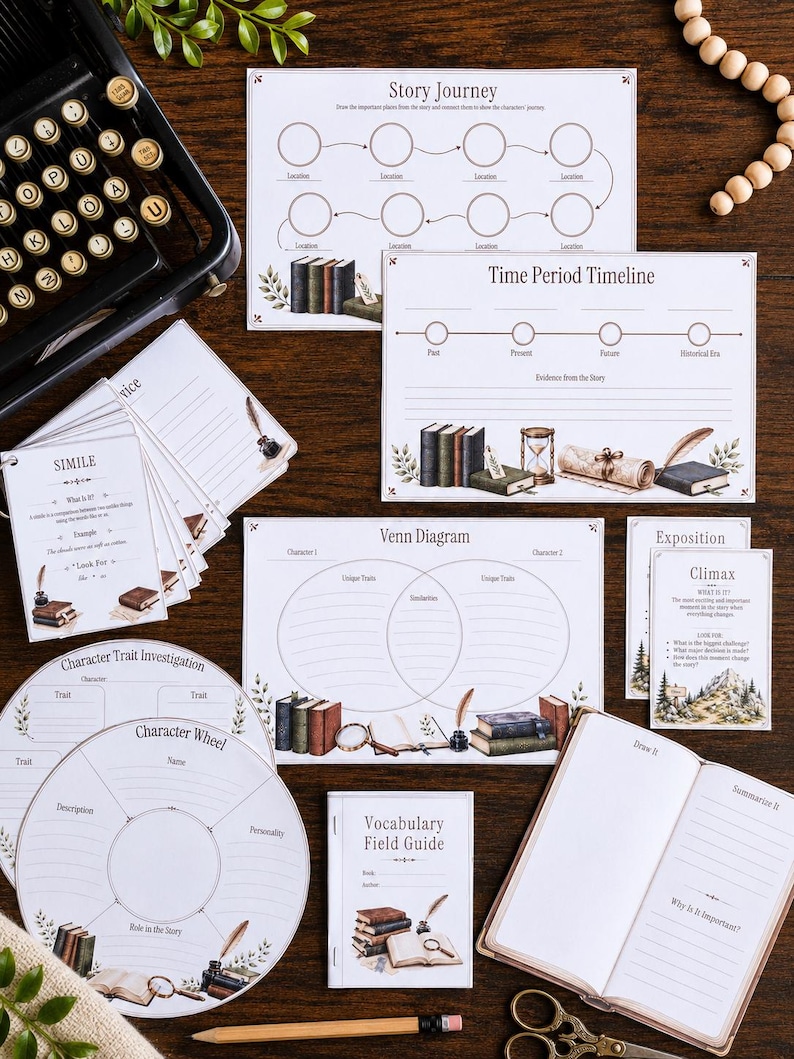 May include: A collection of educational literary worksheets and cards featuring vintage-style illustrations of books, inkwells, and quills. The set includes a Story Journey map, Time Period Timeline, Venn Diagram, character wheels, and a Vocabulary Field Guide.