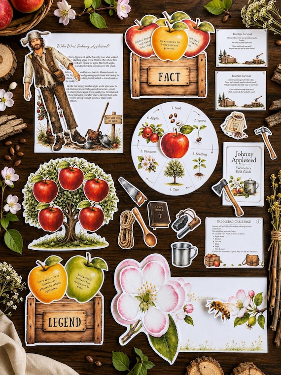 Johnny Appleseed Unit Study | Homeschool History Printable | Apple Life Cycle | Frontier Life | Reading Activities