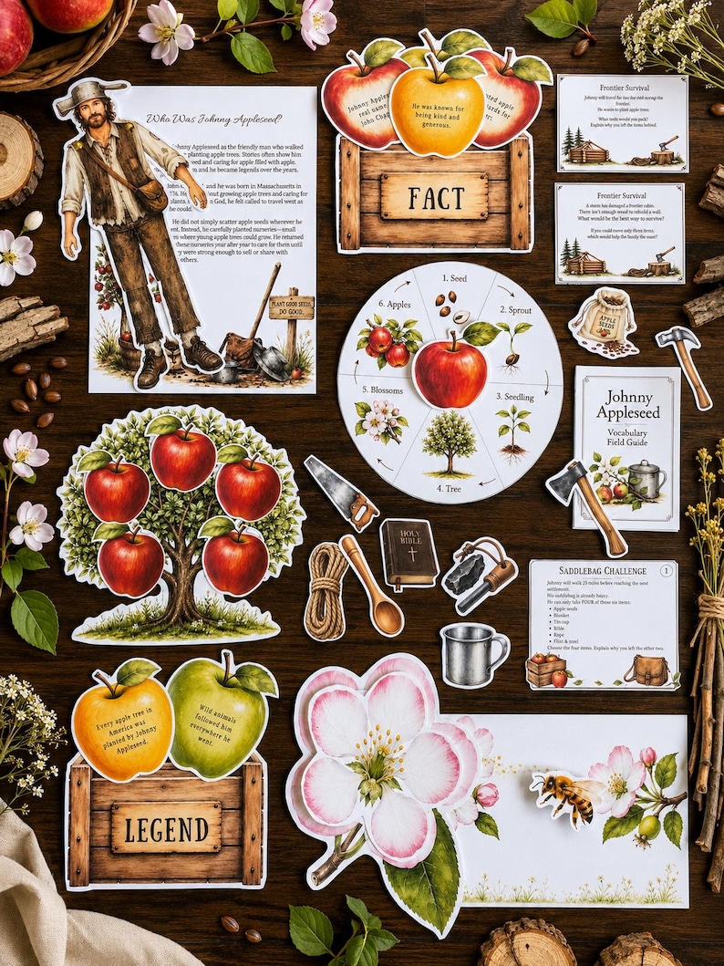 May include: A collection of educational paper cutouts featuring Johnny Appleseed, apple trees, life cycle diagrams, vocabulary cards, and historical facts. The set includes illustrations of apples, blossoms, tools, and a bee, all designed for learning about the life and legend of Johnny Appleseed.
