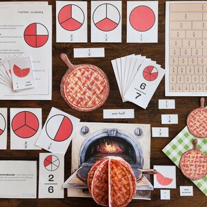 May include: Educational math materials featuring fraction vocabulary sheets, circular fraction cards with red segments, a fraction wall chart, pie-shaped cutouts, and a 3D oven illustration. Includes text labels like one half, one third, and 2/6.