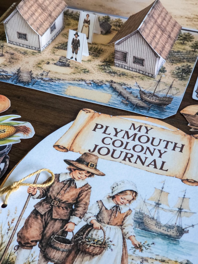 May include: A paper craft set featuring a My Plymouth Colony Journal with illustrations of two children in historical attire, a sailing ship, and a 3D diorama of a colonial settlement with paper houses and figures on a printed landscape base.