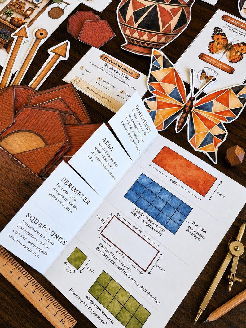 May include: An educational math worksheet featuring definitions for area, perimeter, and square units with diagrams. The page includes a wooden ruler showing 10 inches, a brass compass, a geometric butterfly cutout, and various wooden shape tiles.