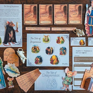 May include: A collection of educational materials for "The Tale of Despereaux," including character cutouts, story cards, and a story map. The items are arranged on a wooden surface, featuring illustrations and text from the book.