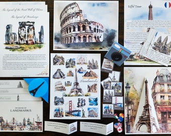 Landmarks, World Landmarks, Colosseum, Eiffel Tower, Continents, Taj Mahal, Printables, Homeschool Study, Machu Pichu, Montessori Resources