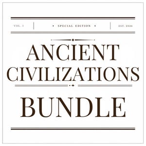 Op de afbeelding: Een vierkant grafisch ontwerp met donkerbruine tekst op een witte achtergrond. De tekst luidt VOL. I, SPECIAL EDITION, EST. 2026, ANCIENT CIVILIZATIONS BUNDLE. Het ontwerp bevat horizontale lijnen en decoratieve elementen boven en onder de tekst.