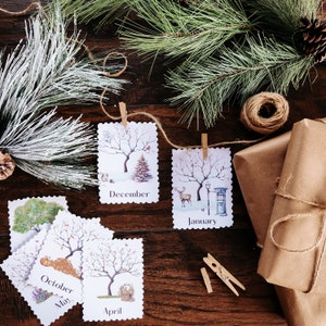 Maanden van het jaar, aquarelkaarten, 3-delige kaarten, montessorikaarten, printables