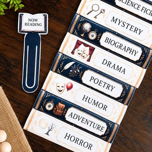 May include: A set of rectangular paper bookmarks featuring dark blue and cream borders with gold accents. Each bookmark displays a literary genre label including Historical, Science Fiction, Mystery, Biography, Drama, Poetry, Humor, Adventure, and Horror, alongside a separate 'Now Reading' bookmark shaped like an open book.