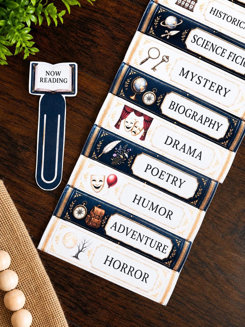 May include: A set of rectangular paper bookmarks featuring dark blue and cream borders with gold accents. Each bookmark displays a literary genre label including Historical, Science Fiction, Mystery, Biography, Drama, Poetry, Humor, Adventure, and Horror, alongside a separate 'Now Reading' bookmark shaped like an open book.