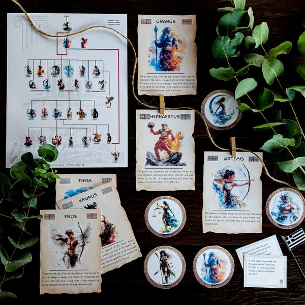 Tarjetas de mitología griega: Árbol genealógico y juego de dioses (imprimibles)