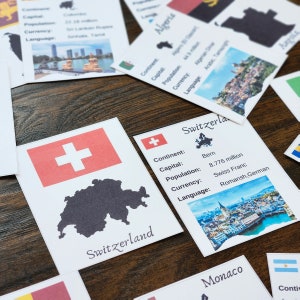 May include: A set of flashcards featuring different countries around the world. Each card includes a country's flag, a map, a city image, and information about the country, including its continent, capital, population, currency, and language. The cards are printed on white paper with black text and images.