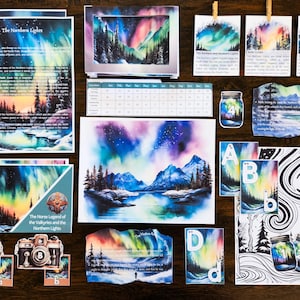 Pode incluir: Um conjunto de recursos educacionais para ensinar sobre as auroras boreais. O conjunto inclui um calendário, uma página para colorir, uma história sobre a lenda nórdica das Valquírias e vários cartões imprimíveis com imagens das auroras boreais.