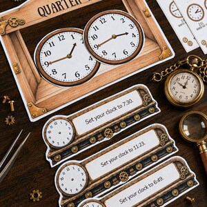 May include: An educational clock learning set featuring a wooden-style frame with two analog clock faces labeled QUARTER TO, and three rectangular strips with clock faces and the text Set your clock to 7:30, 11:23, and 6:49.
