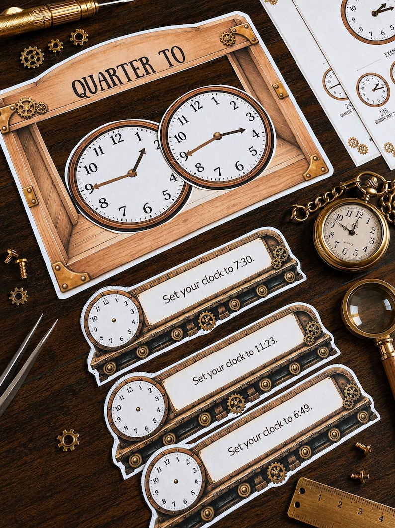 May include: An educational clock learning set featuring a wooden-style frame with two analog clock faces labeled QUARTER TO, and three rectangular strips with clock faces and the text Set your clock to 7:30, 11:23, and 6:49.
