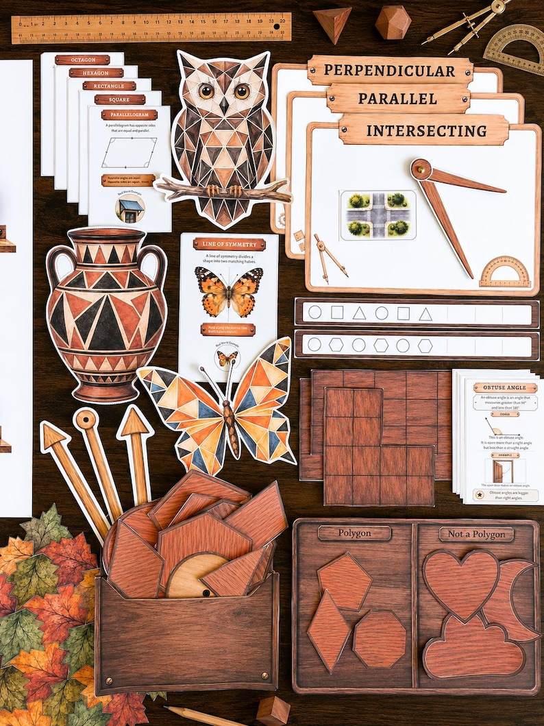 May include: A collection of educational geometry materials including a wooden ruler, an owl cutout, butterfly illustrations, geometric shape cards, wooden polygon blocks, and sorting boards labeled with text like Perpendicular and Parallel.