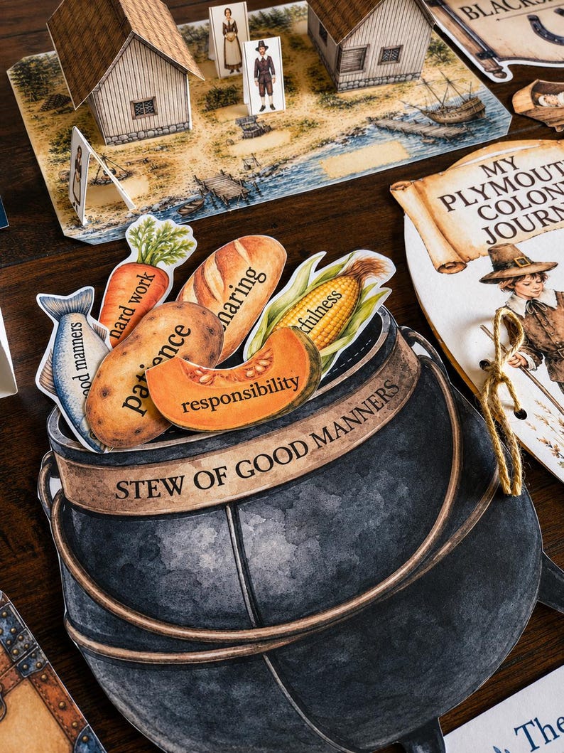 May include: A paper cutout of a dark gray cauldron labeled STEW OF GOOD MANNERS, filled with illustrated food items including a fish, carrot, potato, bread, corn, and pumpkin slice, each printed with words like patience and responsibility.
