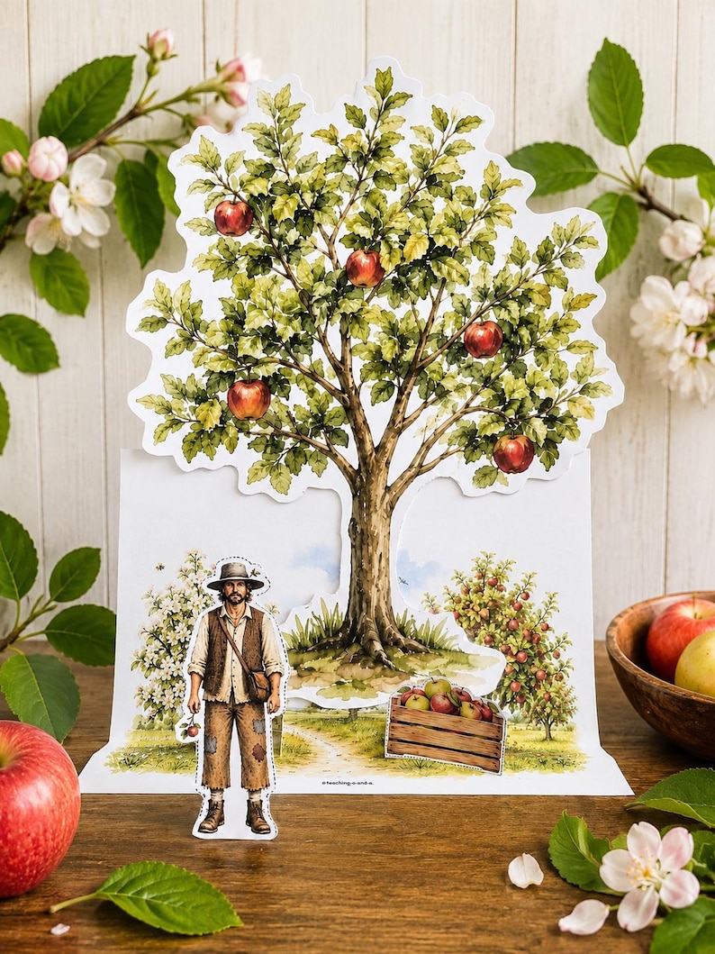 May include: A die-cut paper display featuring a large apple tree with green leaves and red apples. A separate paper cutout of a person wearing a hat, vest, and pants stands in front of a scene with a wooden crate filled with apples and a small orchard.