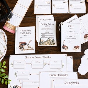 May include: A collection of educational reading response worksheets and cards featuring literary terms like Simile, Falling Action, and Vocabulary Field Guide. The printed materials include prompts for character growth, setting profiles, and text connections.