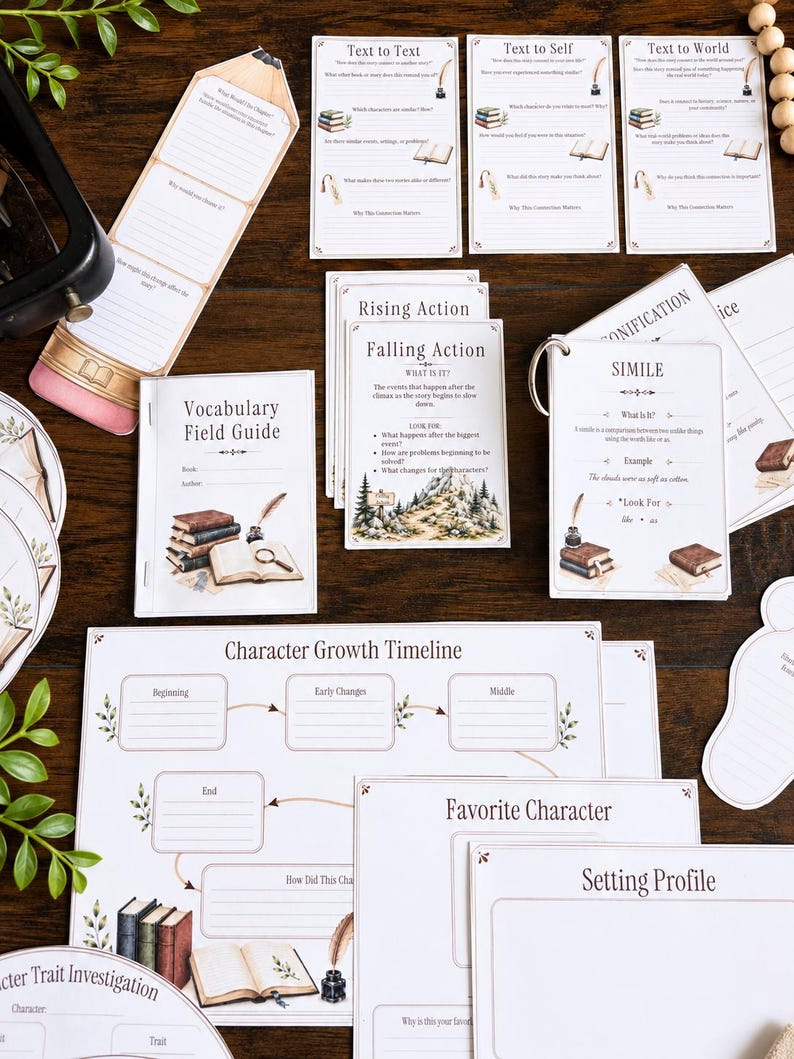 May include: A collection of educational reading response worksheets and cards featuring literary terms like Simile, Falling Action, and Vocabulary Field Guide. The printed materials include prompts for character growth, setting profiles, and text connections.