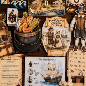 May include: A collection of educational paper cutouts featuring a black cauldron labeled Stew of Good Manners, a My Plymouth Colony Journal, a Mayflower Compact scroll, a Mayflower ship diagram, a blacksmith sign, and various historical figures.