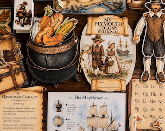 May include: A collection of educational paper cutouts featuring a black cauldron labeled Stew of Good Manners, a My Plymouth Colony Journal, a Mayflower Compact scroll, a Mayflower ship diagram, a blacksmith sign, and various historical figures.
