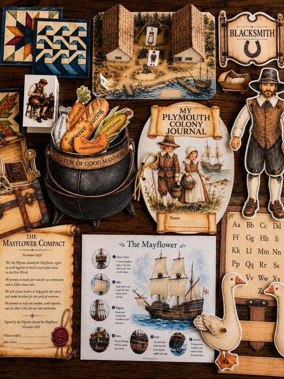 Pilgrims, Mayflower & First Thanksgiving Unit Study | Hands-On Colonial America History Activities | Homeschool Printable