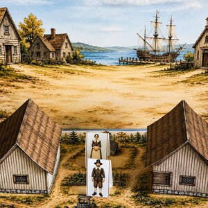 May include: A diorama featuring a historical settlement scene with two wooden buildings and a painted backdrop of a coastal village and a tall ship. Two small, upright paper cutouts of figures in colonial-style clothing stand in the center.