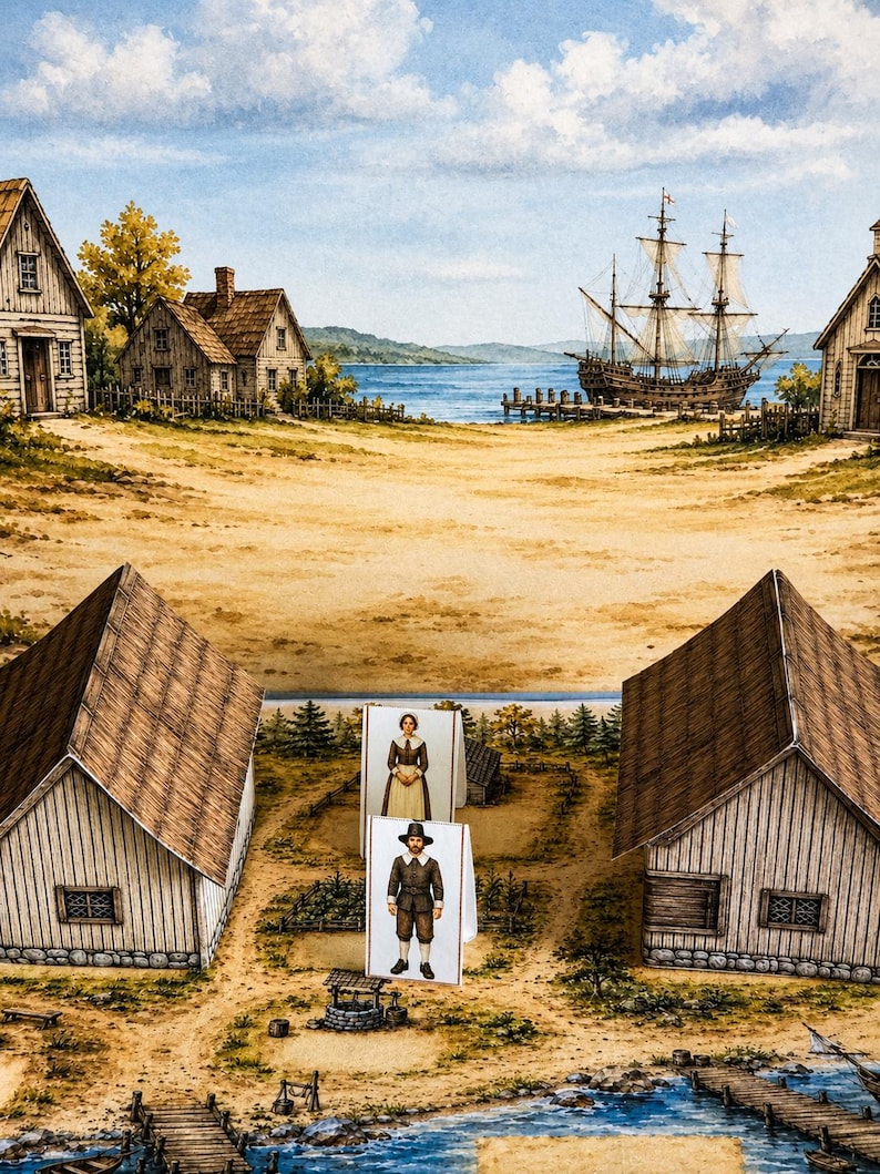 May include: A diorama featuring a historical settlement scene with two wooden buildings and a painted backdrop of a coastal village and a tall ship. Two small, upright paper cutouts of figures in colonial-style clothing stand in the center.
